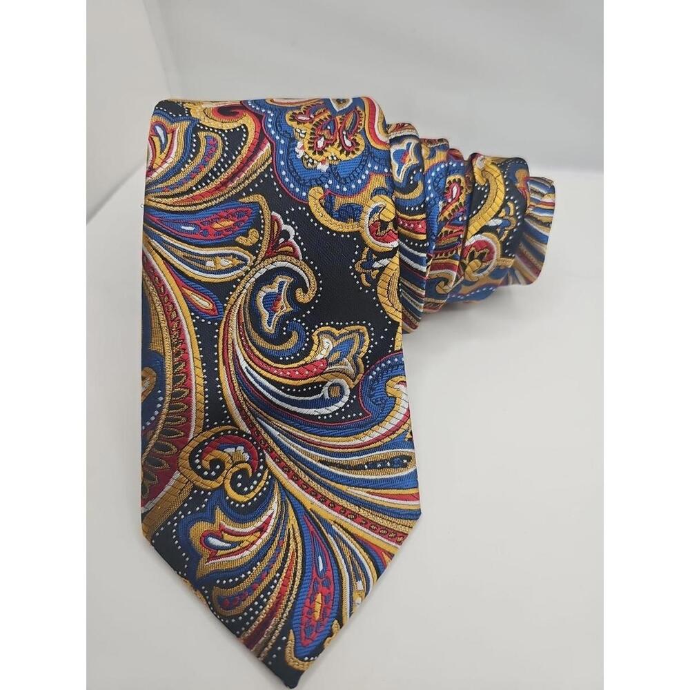 Classic Men's Tie Paisley Blue Gold Red White Jacquard Woven Silk 60" x 3"